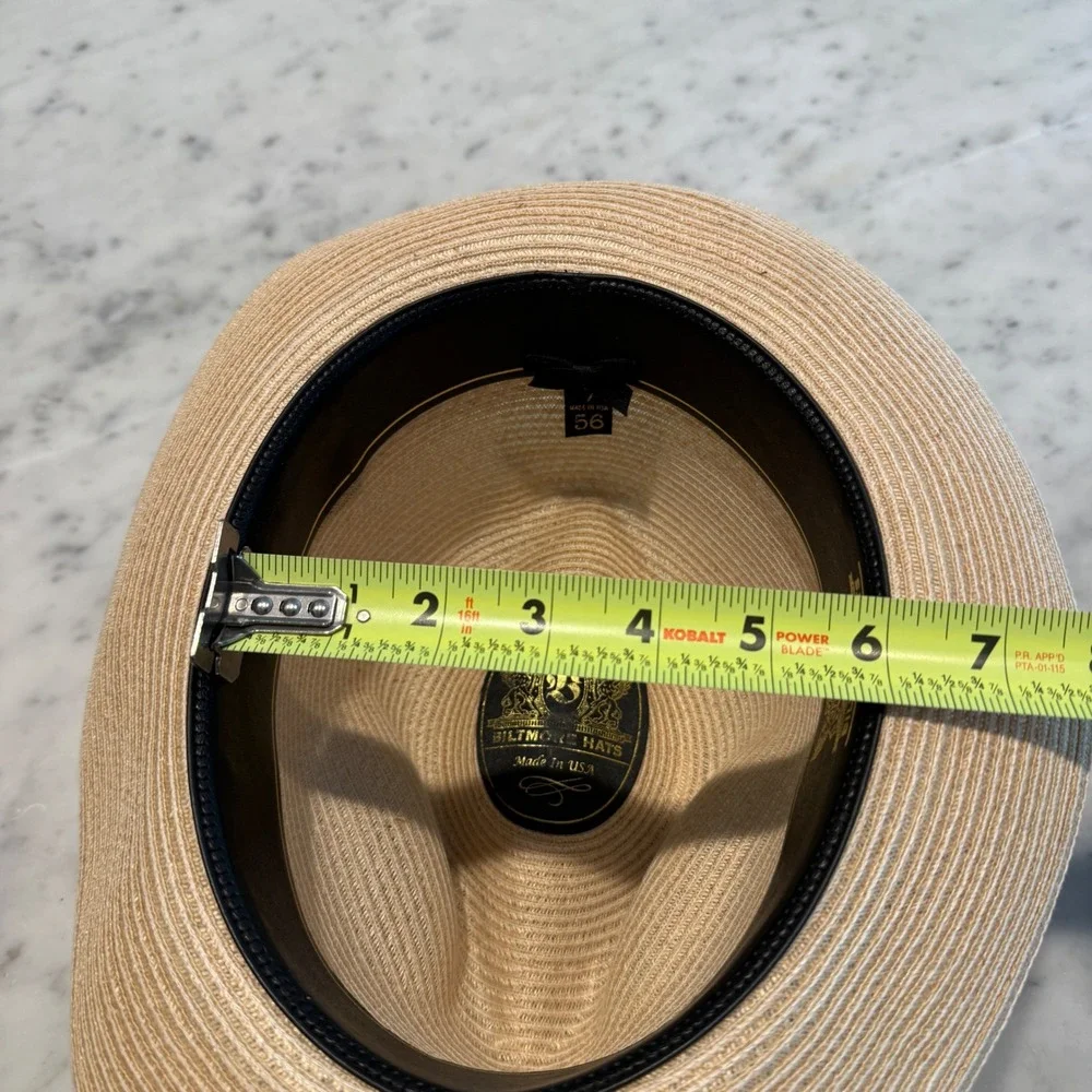 Biltmore Hats Mens Tan Straw Fedora Hat Size 7 56 Made in USA Brown Band Bow